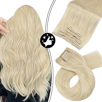 Moresoo Blonde Hair Extensions 12inch Platinum Blonde Clip in Hair Extensions Natural Human Hair #60 70G/5Pieces Double Weft with Lace Hair Extensions Clip in Human Hair