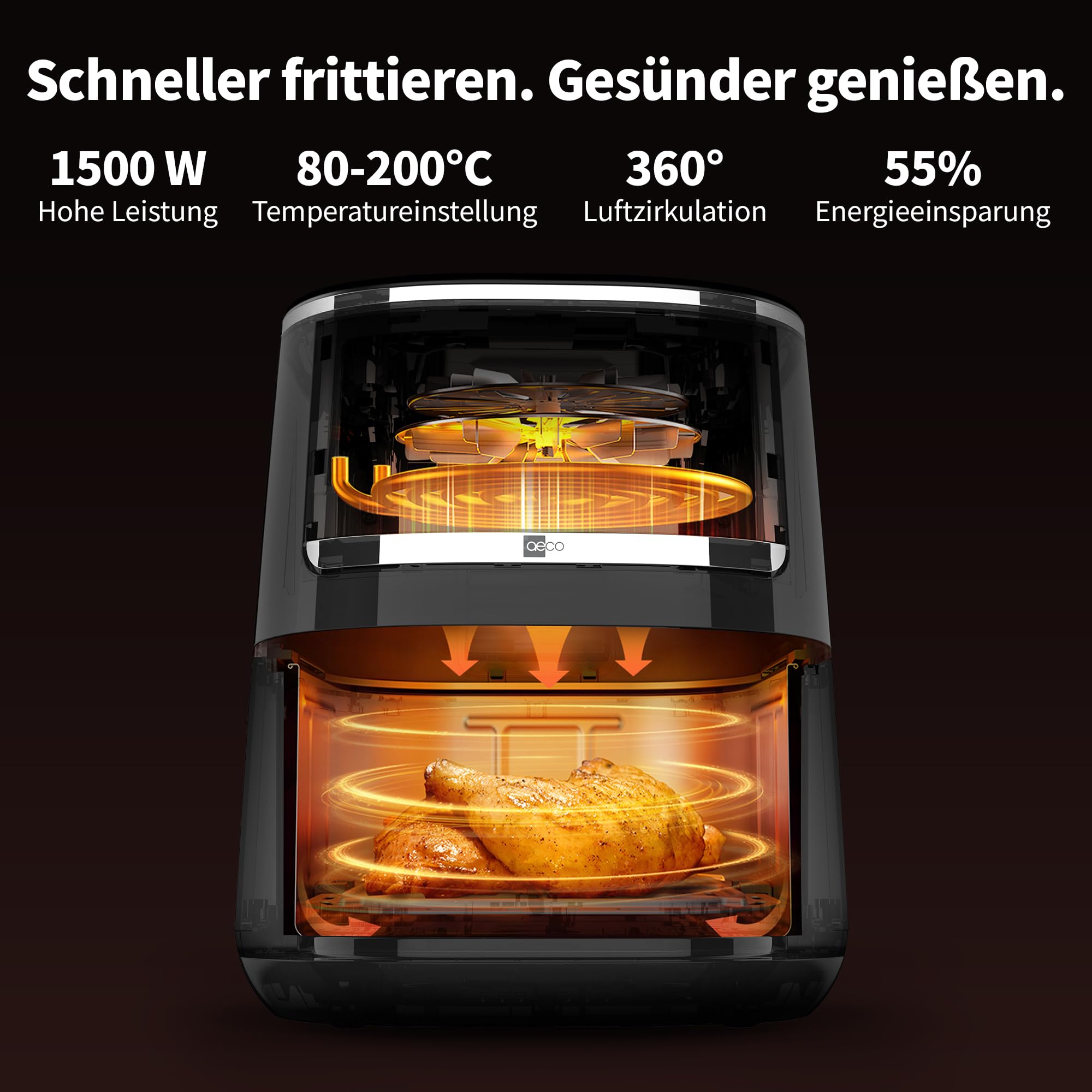 aeco COMPACT AirFryer frytkownica na gorące powietrze z cyfrowym wyświetlaczem dotykowym, 1500 W, regulacja 80°-200°, 8 programów, w zestawie zeszyt z przepisami