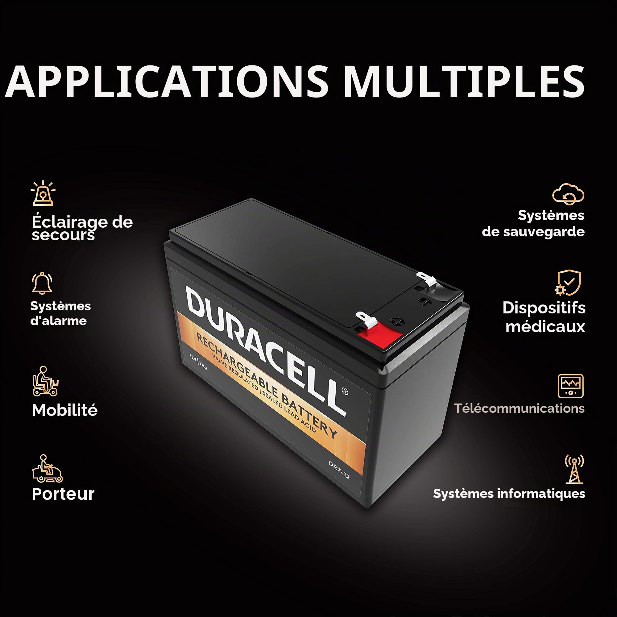 Duracell Batterie Originale DR7-12 au Plomb régulée par Valve – 12 V | 7 Ah – Remplace APC RBC17 | RNC2 | CSB GP1272F2 | Lucas LSLA7-12 | Panasonic LC-R127R2PG | Yuasa NP7-12 | V14242401 Y7-12
