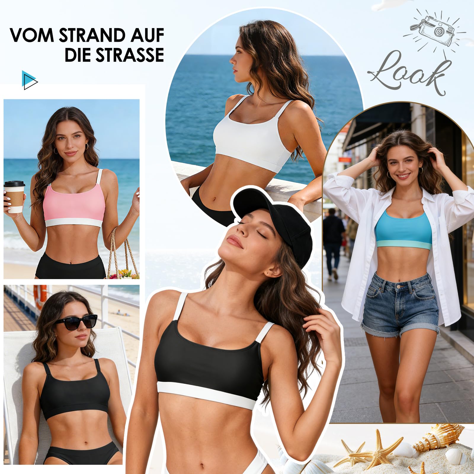 Zando Bikini Oberteil Damen Sportlich U-Ausschnitt Push Up Top Gepolstert Bustier Bademode