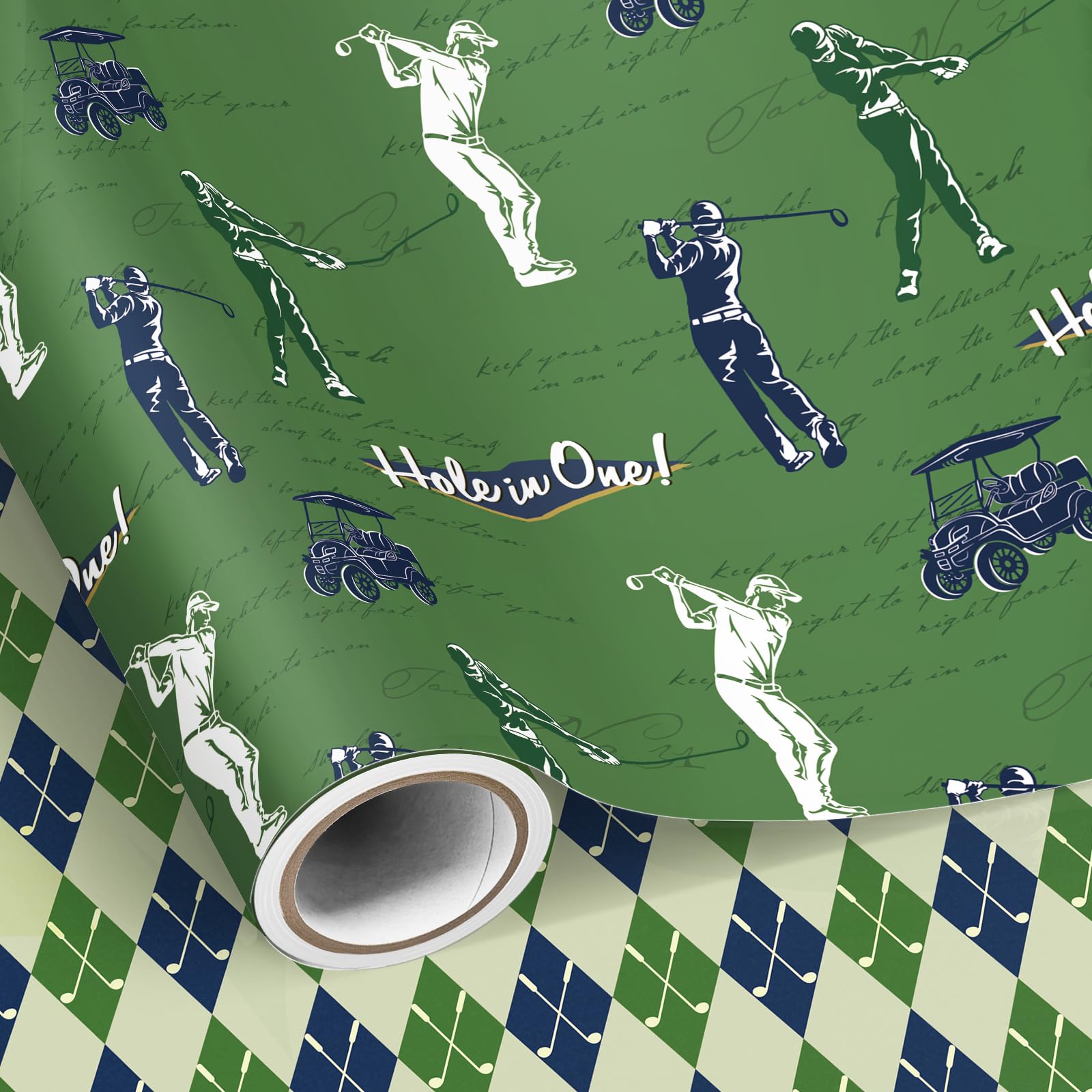 SHUCHING Green Golf Wrapping Paper Roll for Men Boys, Reversible Golf Argyle Gift Wrap for Father's Day, Birthday, Sports Party - 43cm X 10m