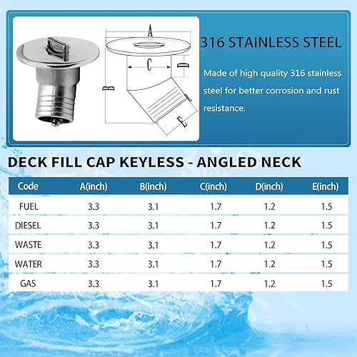 Vista 23 de SHENGHUISS Boat Water/Diesel/Gas/Fuel Deck Fill/Filler 1-1/2 Inch(38mm) with Keyless Cap 316 Stainless Steel Boat Deck Hardware for Boat, Yacht