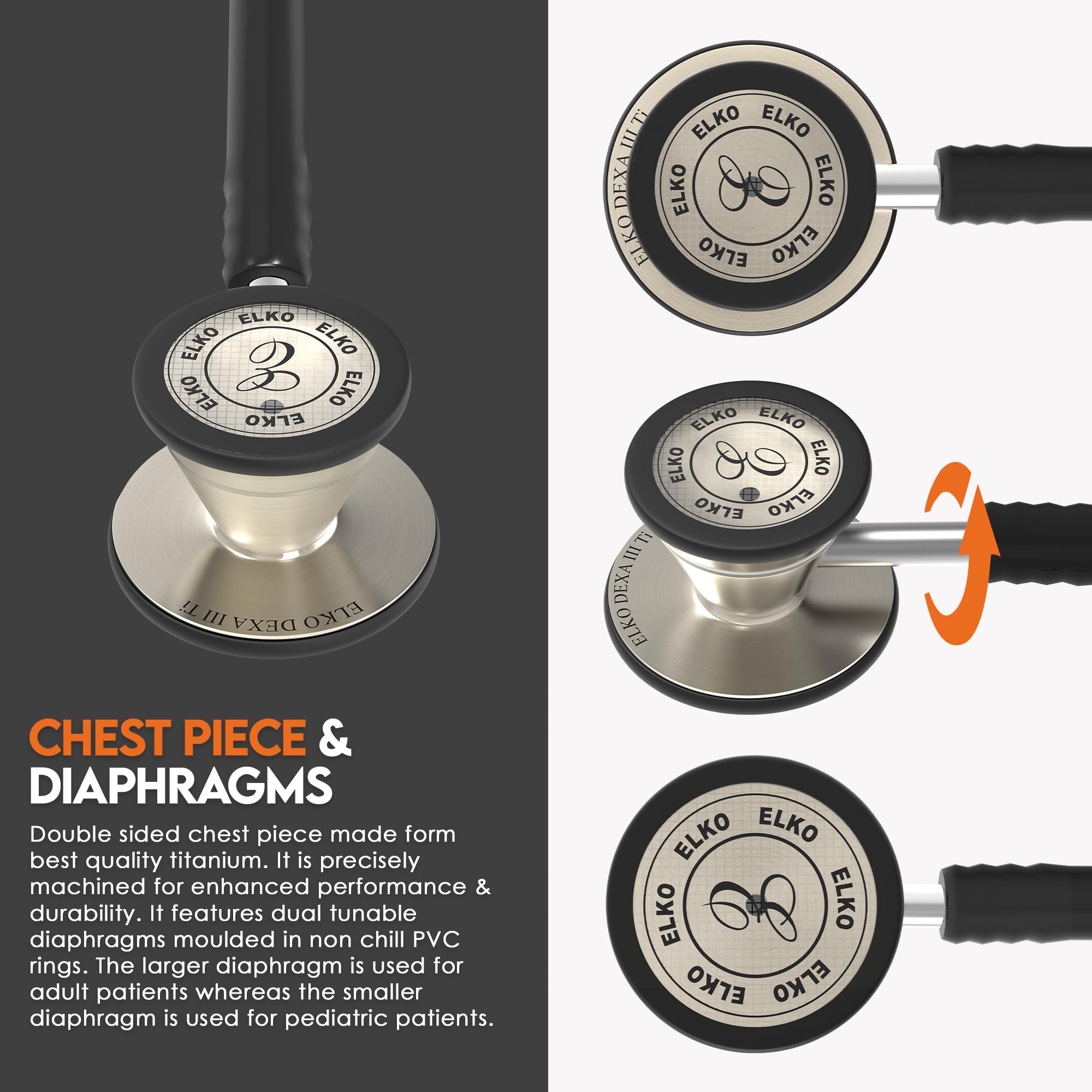 ELKO EL-250 DEXA III Ti Titanium dual head acoustic stethoscope | Adult & Pediatric Stethoscope with Double-sided Natural Titanium Chestpiece | Two-Way PVC Tubing | Doctors & Medical Students (BLACK) - Image 3 thumbnail