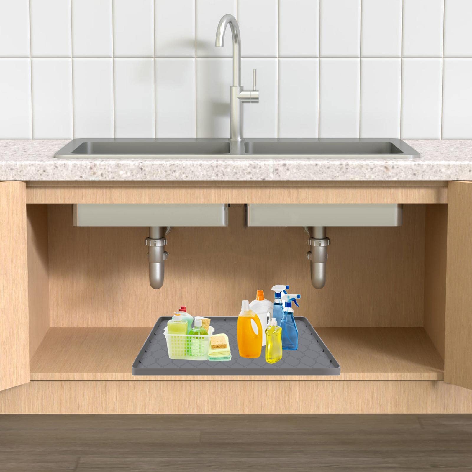 Waschbecken-Matte für Badezimmer, Waschbecken, flexibel, 91,4 x 55,9 cm, für Küchenschrank, Abtropfschale, für Lecks von Restaurant-Küchentheken, grau/64