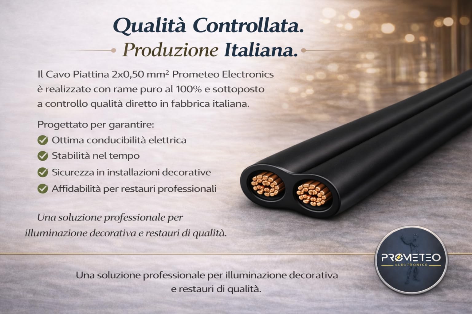 Cavo Piattina Nero 2x0,50 mm² – Filo Elettrico Piatto per Lampade Industrial, Sospensioni e Strutture in Ferro – 10 Metri – 250V - Prometeo Electronics