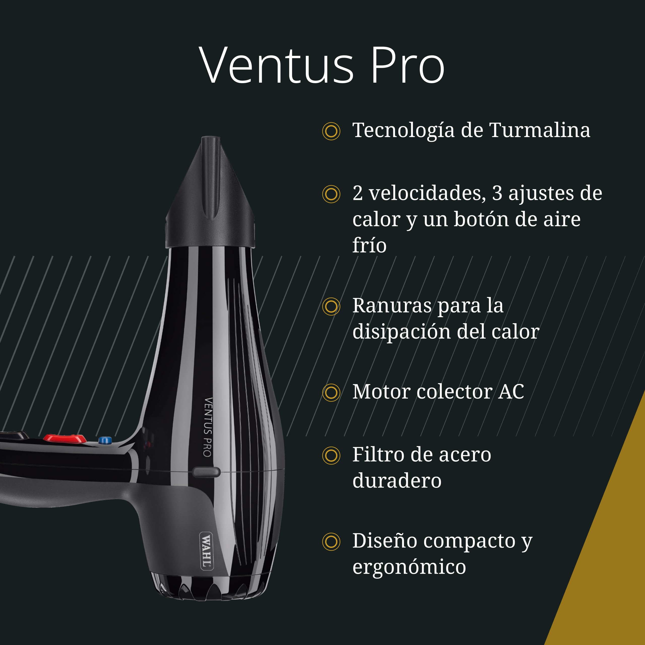 Moser Ventus Pro, Secador de Pelo Compacto Profesional, 2200 W | Secador 2200 W, Motor de CA, Cerámica-Turmalina, 2 Velocidades y 3 Niveles de Calor, Compacto 515 g, 2 Boquillas