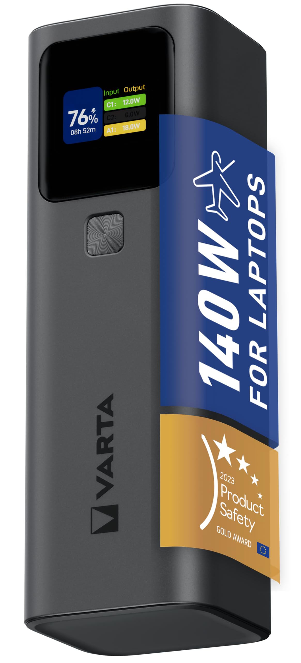 VARTA Power Bank 27000mAh High Speed, ricarica ultraveloce da 140W, 2x USB-​C, 1x USB-​A, powerbank per laptop, smartphone e tablet, display digitale, adatto al trasporto aereo, cavo da 140W incluso