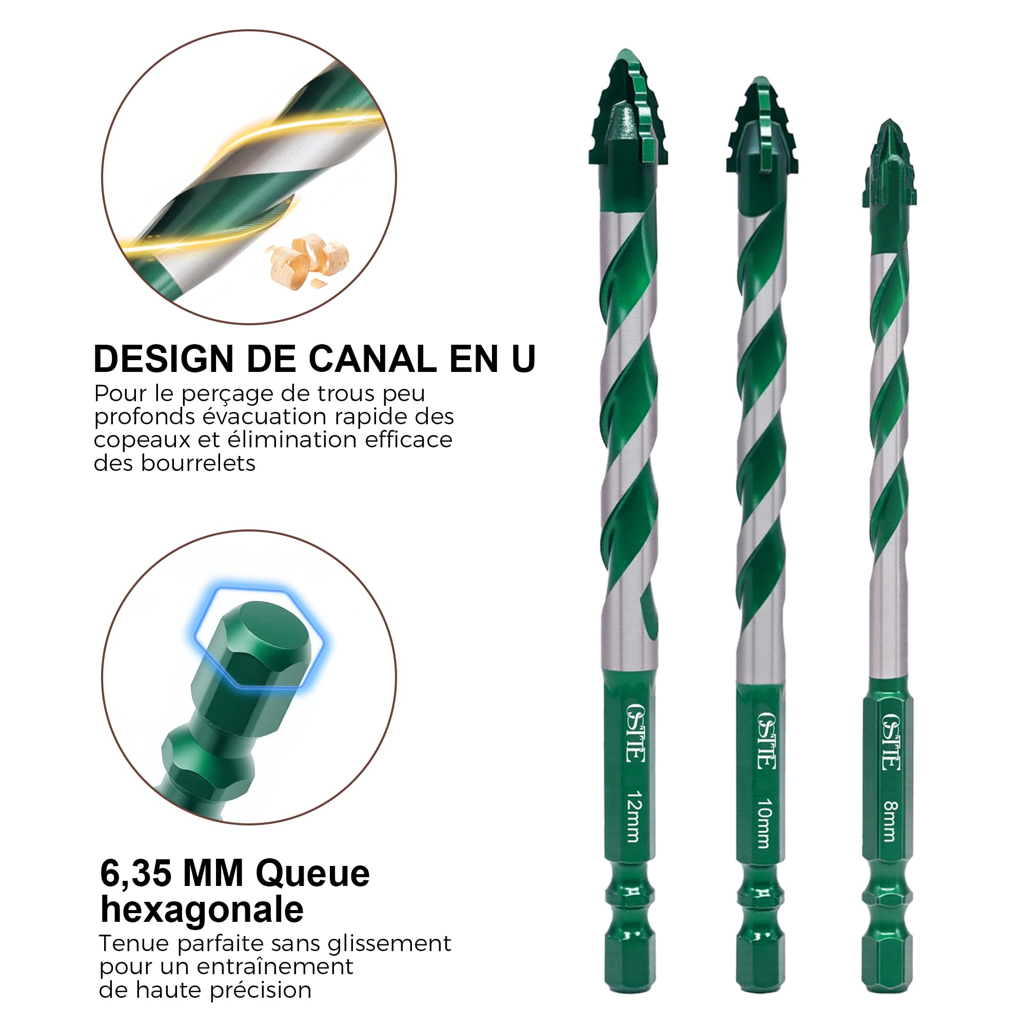 Lot de 10 forets excentriques à dents de scie à quatre tranchants avec cobalt, foret à pierre 3-12 mm, tige hexagonale de 6,3 mm, foret en carbure pour céramique, carrelage, métal, béton, verre vert