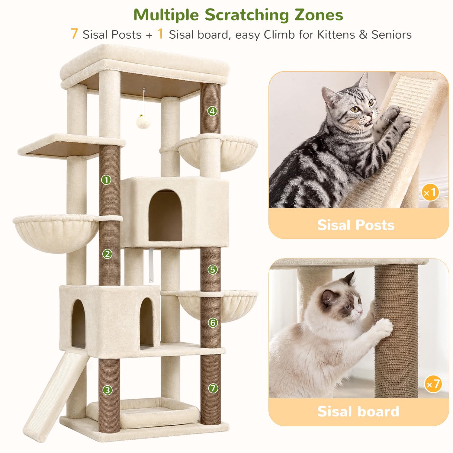 Globlazer Rascador beige XL de 177 cm de alto con 2 casas grandes para gatos, plataforma grande acolchada (60 x 44 cm), 3 cestas blandas, rampa para rascar sisal, estable para 2 – 4 gatos adultos