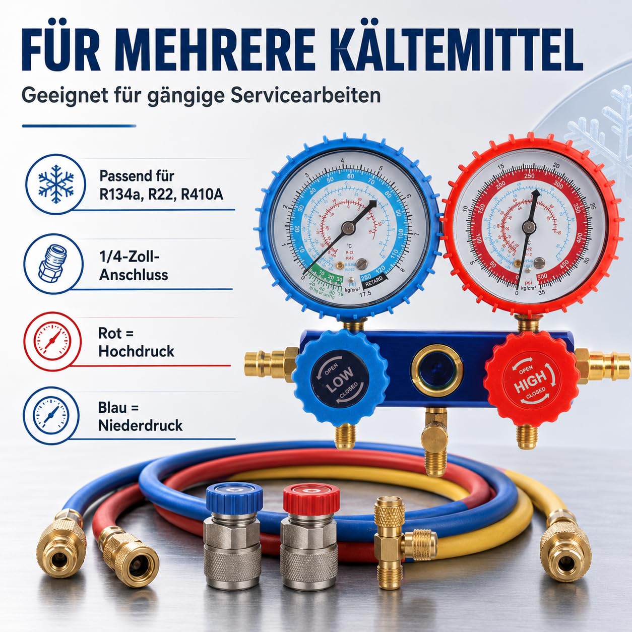 Klima-Monteurhilfe-Set mit 2 Manometern, 1/4-Zoll-Anschluss und 1,5-m-Schläuchen, für R134a, R22 und R410A