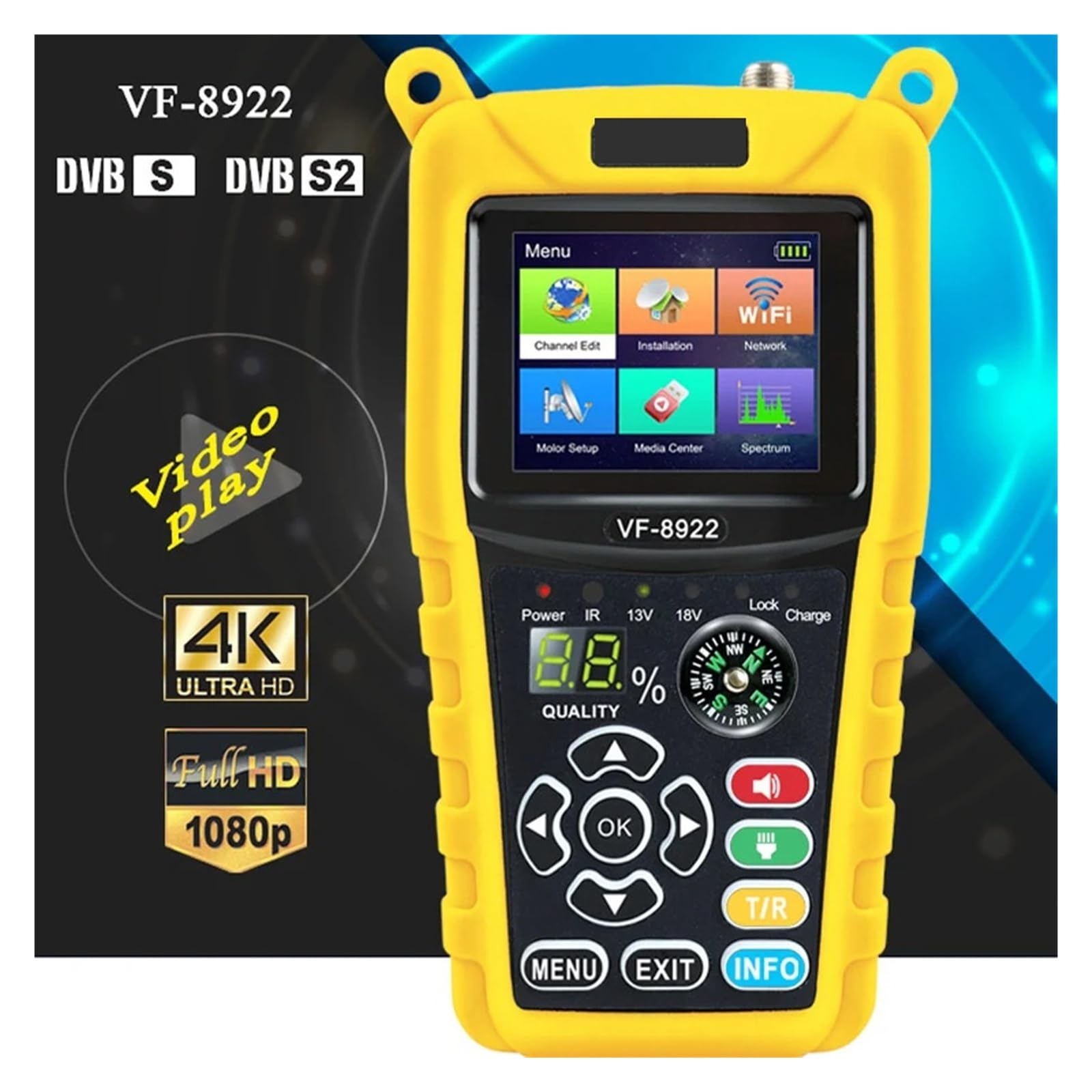 Wyszukiwarka satelitarna VF-8922 obsługuje DVB-S/DVB-S2 Odbiornik telewizyjny z kolorowym ekranem LCD 2.4TFT, zgodny z MPEG2/MPEG4 Wyczyść wyświetlacz