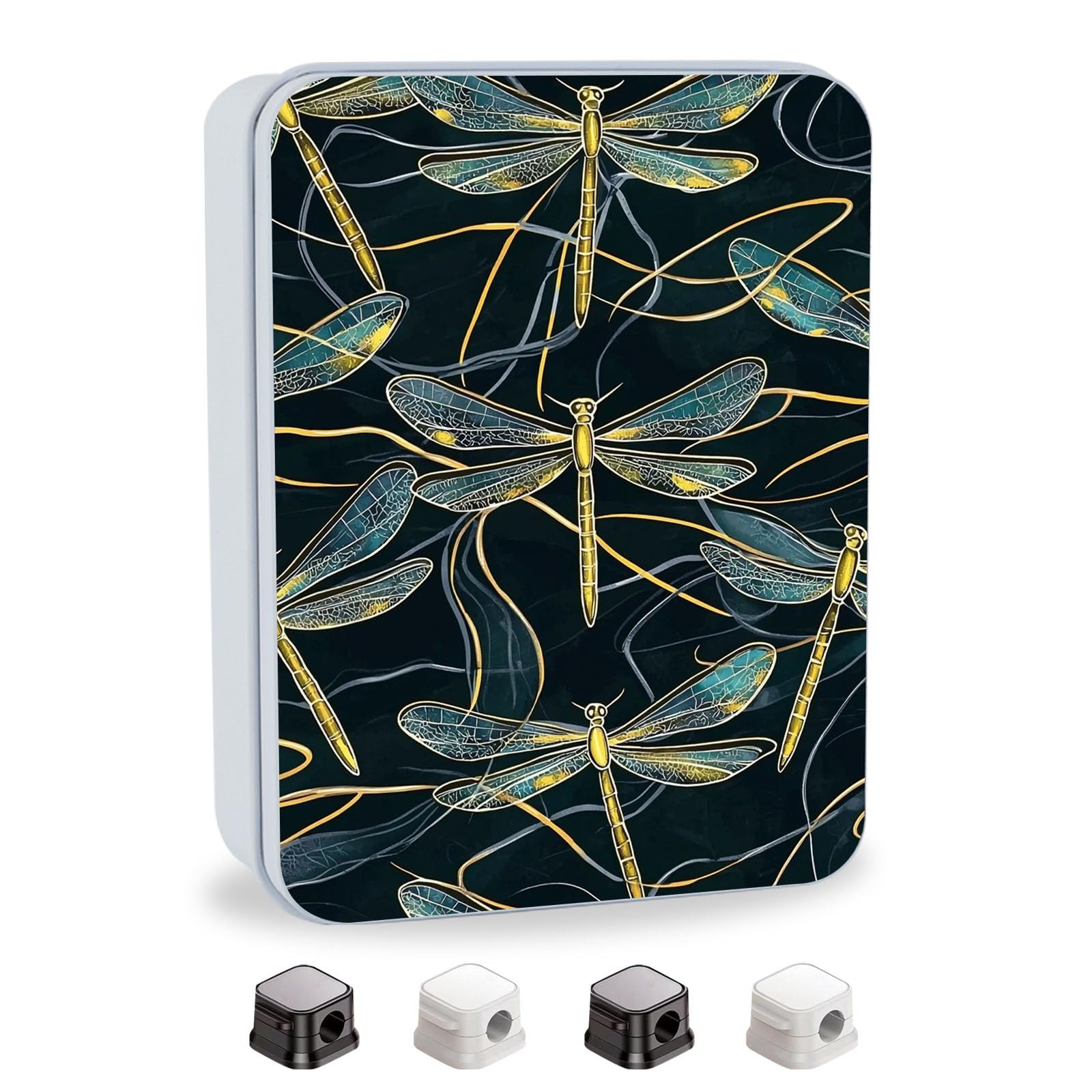 Metal Tin Box with Lid,Multi-functional Storage Box Can Store Tea Biscuits Game Cards, Playing &amp; Tarot Cards-Comes with 4 Magnetic Cord Clips,Golden Dragonflies Pattern