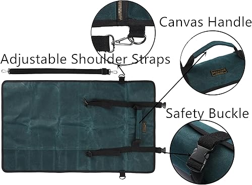 Miniatura 4 de Bolsa profesional para cuchillos de chef con tela anticorte en el interior, lona encerada resistente de 16 onzas, 11 ranuras y correa de hombro