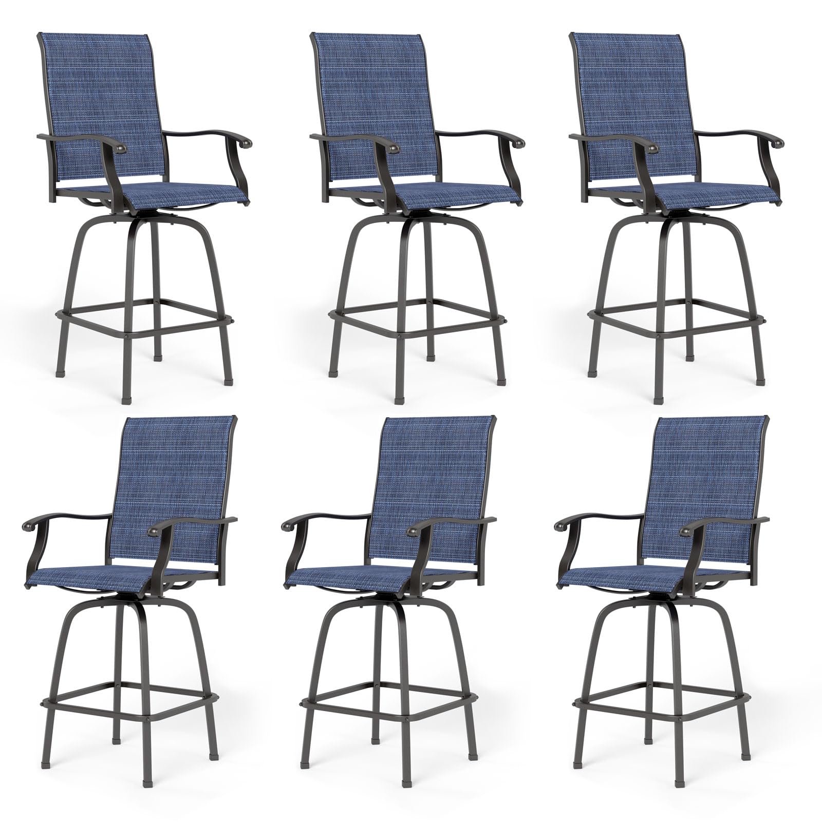 PHI VILLA Outdoor Swivel Bar Stools Set of 6, Bar Height Patio Chairs Furniture with All Weather Textilene Fabric, 30" High Top Bar Chairs for Porch, Blue