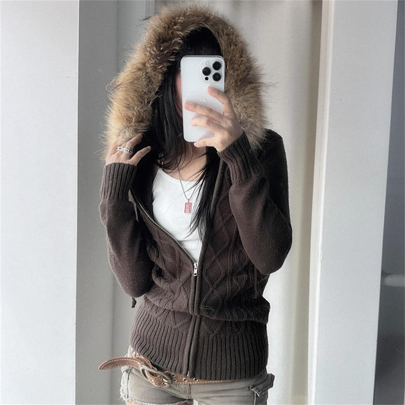 Generisch Damen-Strickjacke Mit Zopfmuster Und Kapuze – Y2k Slim Fit Strick-Hoodie Mit Fellbesatz Und Reißverschluss