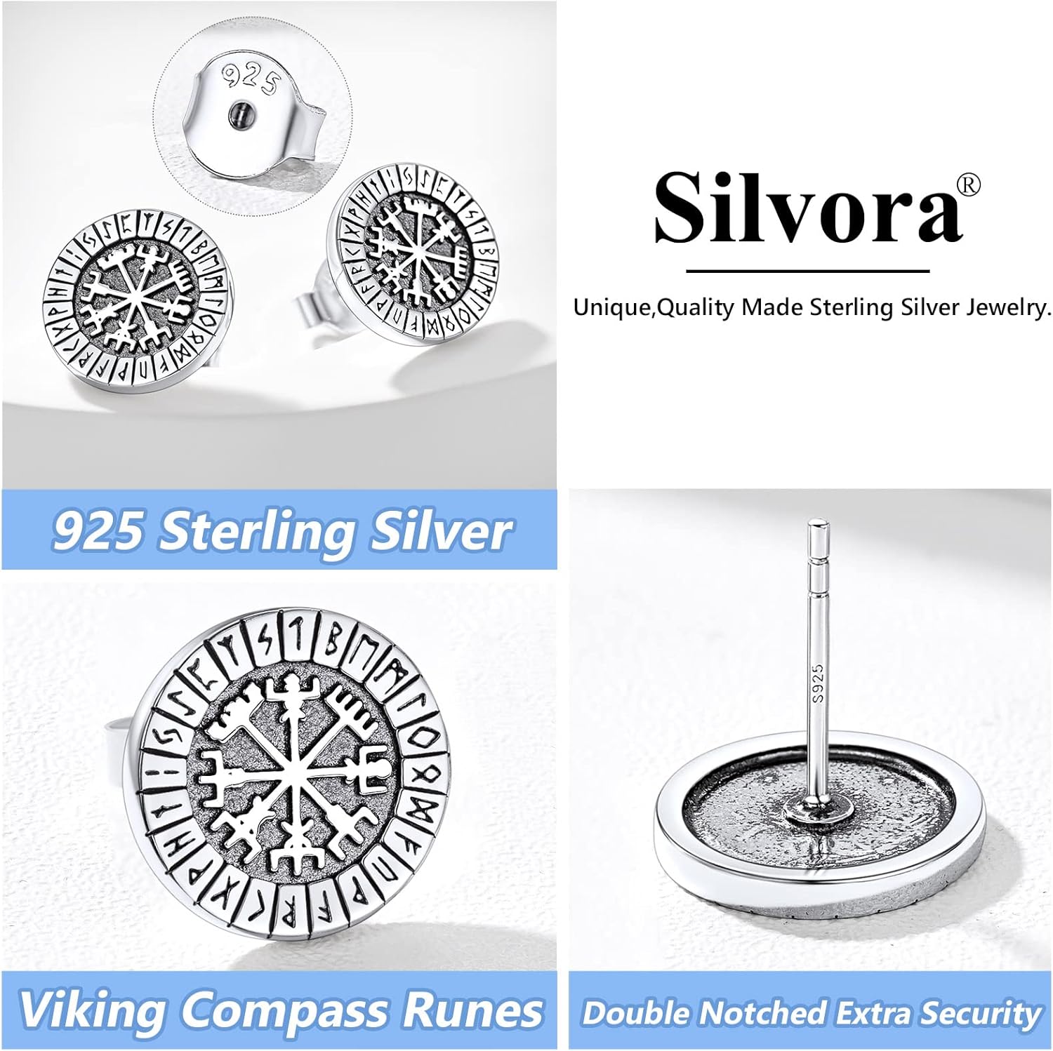Viking Compass Studs Earrings for Men Women Sterling Silver Vintage Norse Vegvisir Runic Jewelry Birthday Graduation Gift