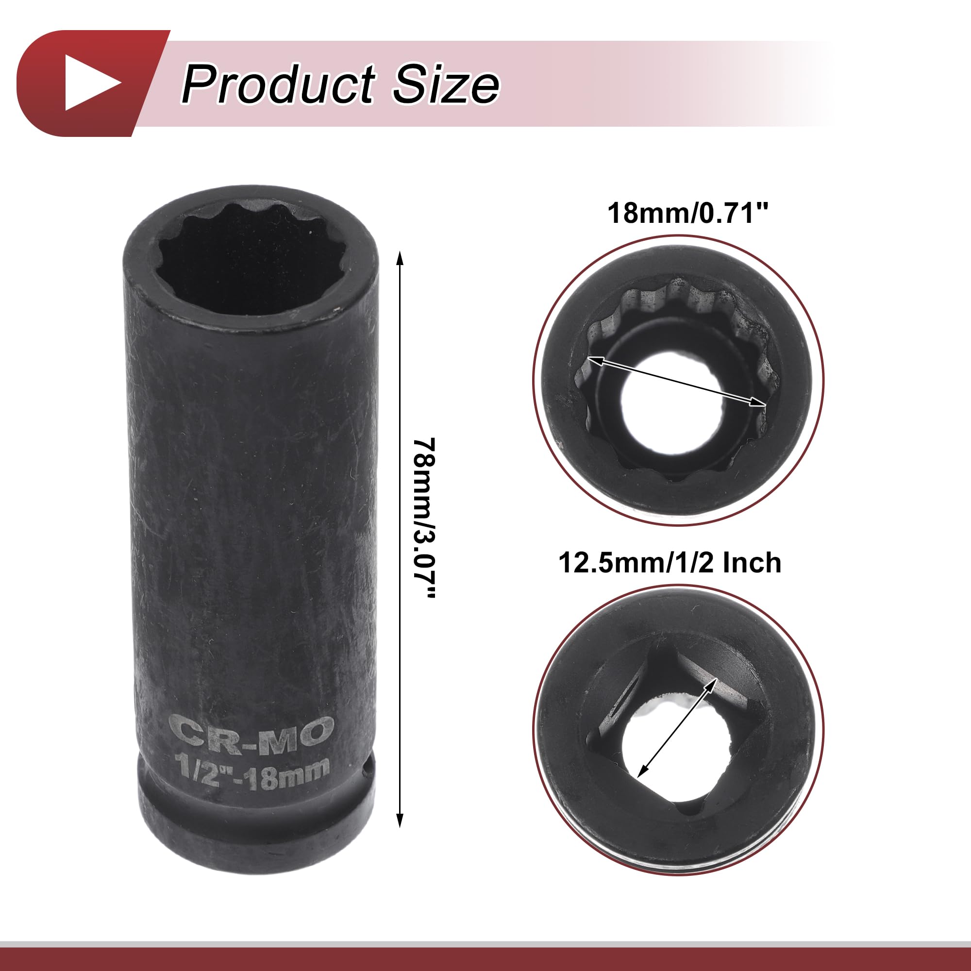 HEROFFIX 1 Pcs Impact Socket Durable Hardware Tool 78mm Black High Carbon Steel 12 Point 18mm for Car Motorcycle Dirtbike Repair 1/2 Inch Drive - Image 4
