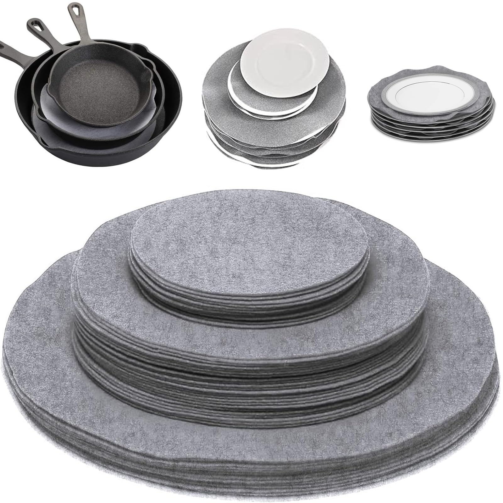 IS MUHE 48PCS Felt Plate Storage Dividers Protectors, Felt Round Plate Separators Pads Dish Storage Protectors Pads with 3 Sizes,Dish Storage Protectors Pads for Packing Stacking Cookware, Grey