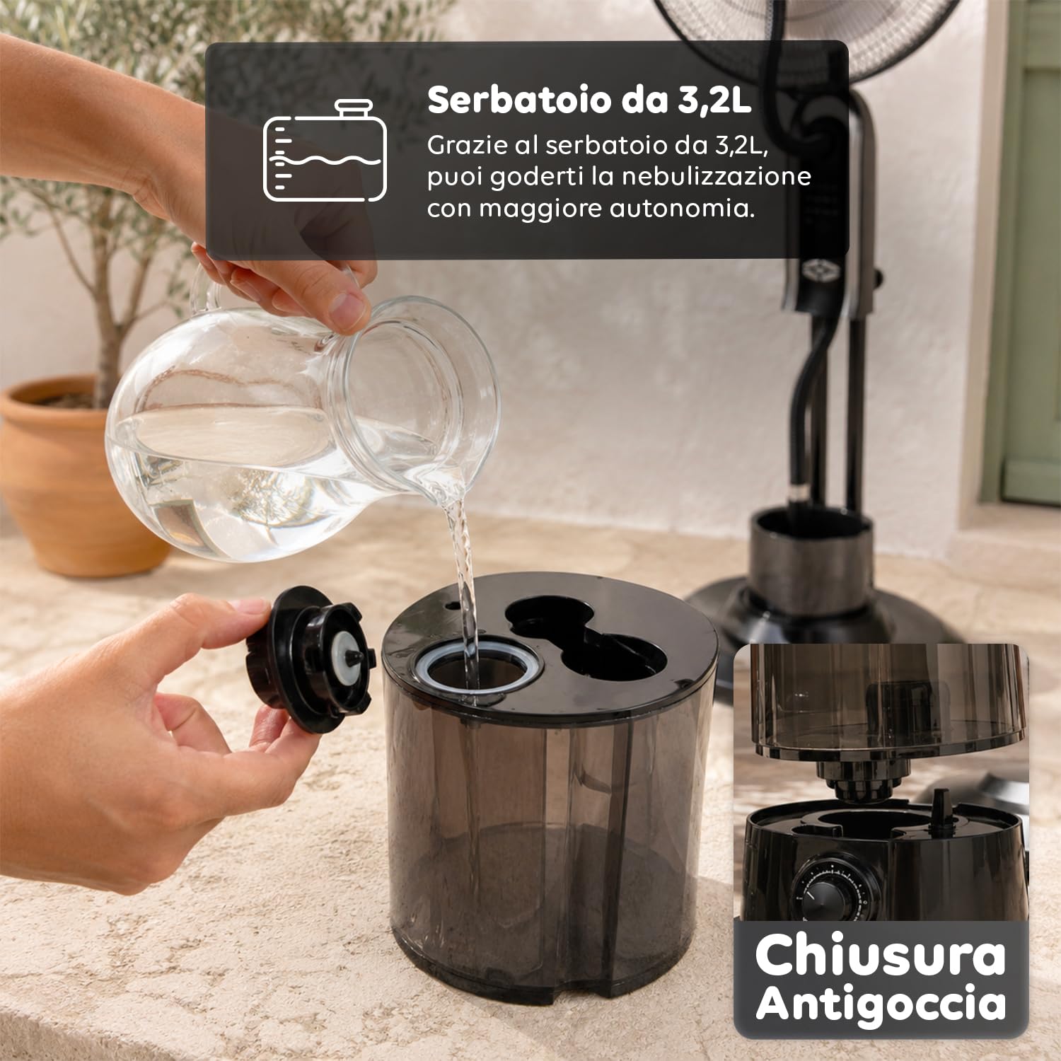 Wintem - Ventilatore a Piantana Silenzioso con Nebulizzatore e Telecomando – Serbatoio 3,2L, 8h Nebulizzazione – 3 Velocità, 3 Modalità Brezza, Oscillante, Timer 7,5h – 75W, Pale 40 cm