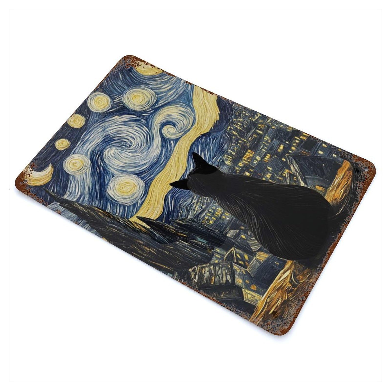 Garage Style Cat Under Starry Night Landscape Rustic Tin Plaque 11.8"x7.9", Classic Wall Plaque for Bar And Workshop
