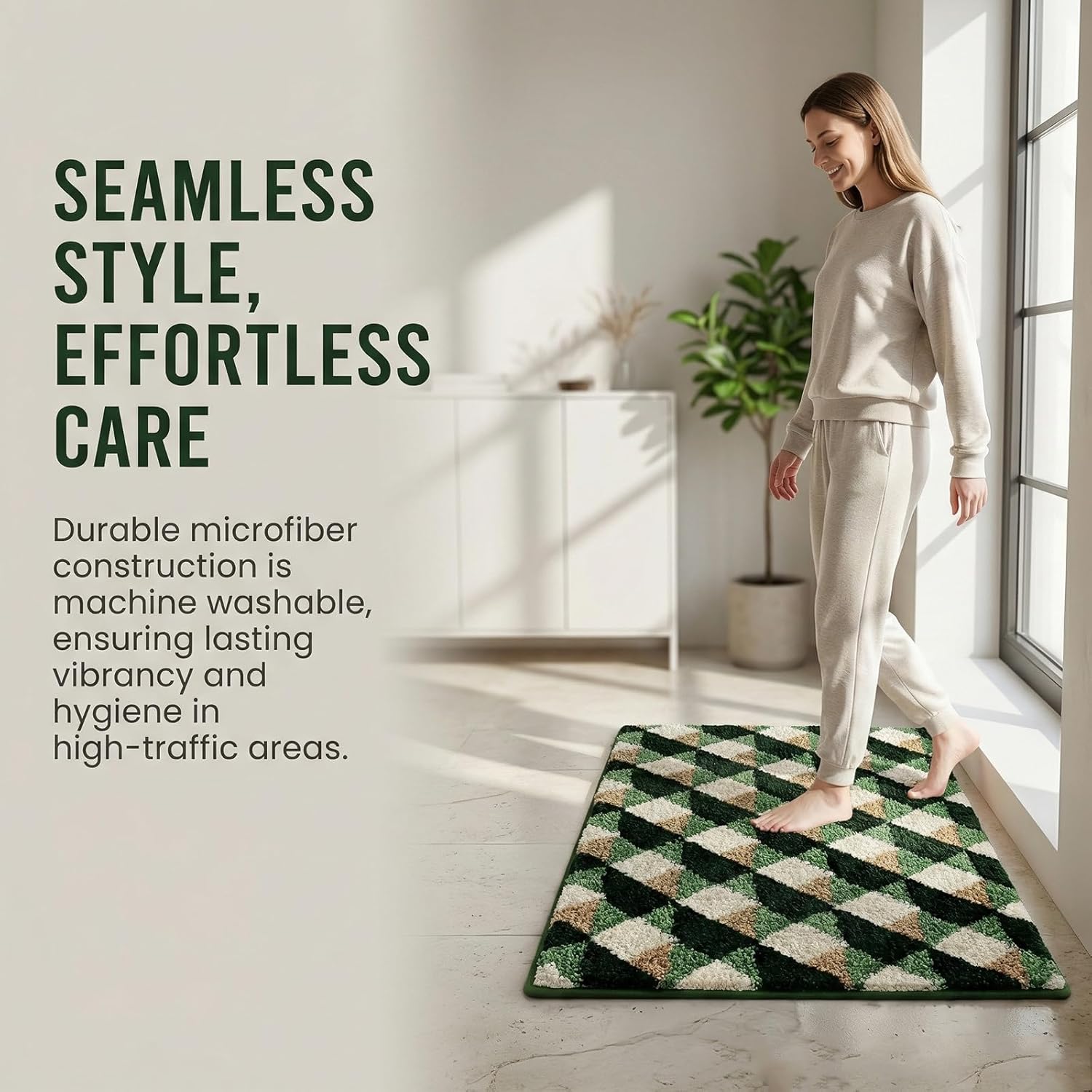 Cute Bath Mat, 32" X 20" Green Checkered Bath Mat, Luxury Microfiber Checkered Bath Mats, Super Absorbent Non Slip Bathroom-Rug, Classic Bath Decor for Tub, Sink, Shower, Washable
