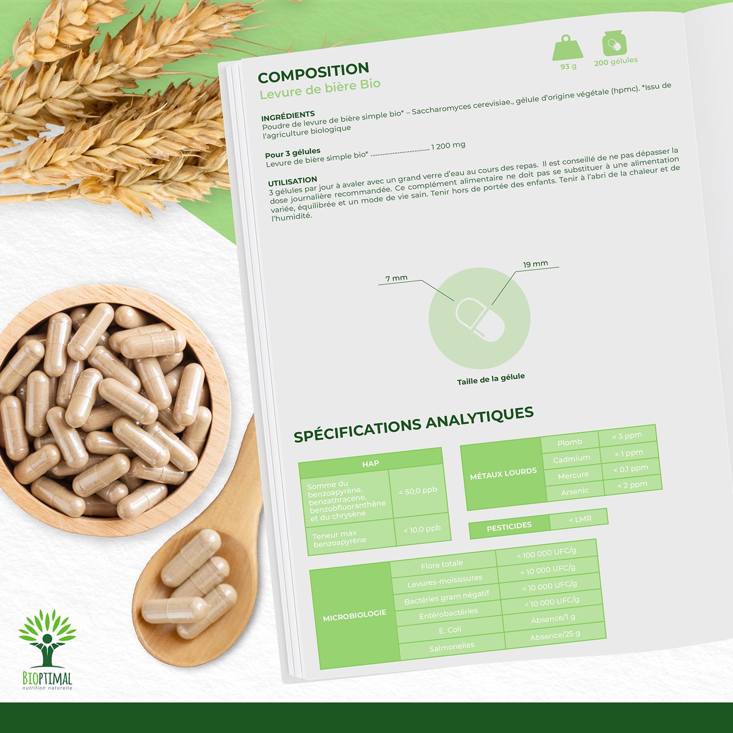 Levure de Bière Bio Revivifiable - Bioptimal - Complément alimentaire - Vivante & Active - Peau Cheveux Ongles - Digestion Transit Probiotique - Fabriqué en France - Certifié par Ecocert - 200 gélules