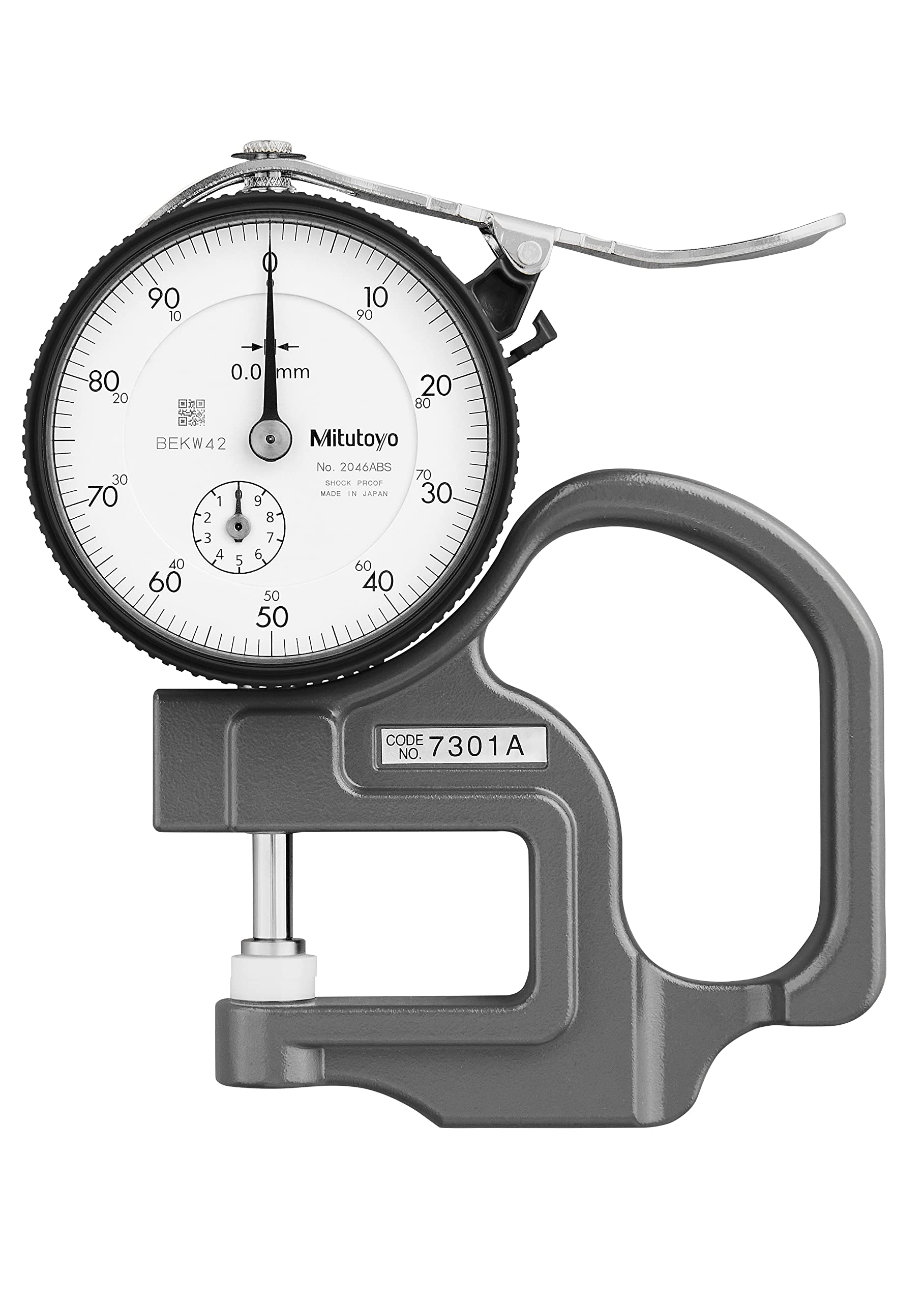 7301A Dial Thickness Gage, 0-10mm Range, ±15µm Accuracy, 0.01mm Graduation, 1.4N or Less Measuring Force