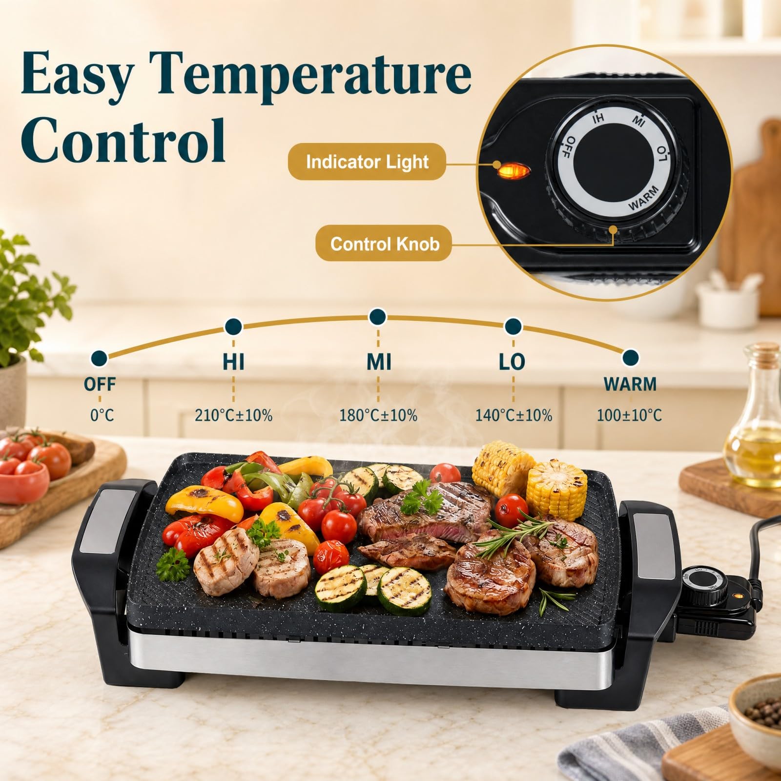 LIFEZEAL Griglia Elettrica 1500W, Barbecue da Tavolo con Piastra Bifacciale | Plancha Antiaderente per Interno e Esterno, Temperatura Regolabile a 4 Livelli, Grill Rimovibile e Lavabile in Lavastoviglie