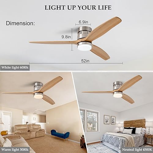Miniatura 3 de BOOMJOY Ventiladores de techo de perfil bajo de 52 pulgadas con luces y motor de CC de control remoto, ventilador de techo industrial de madera de