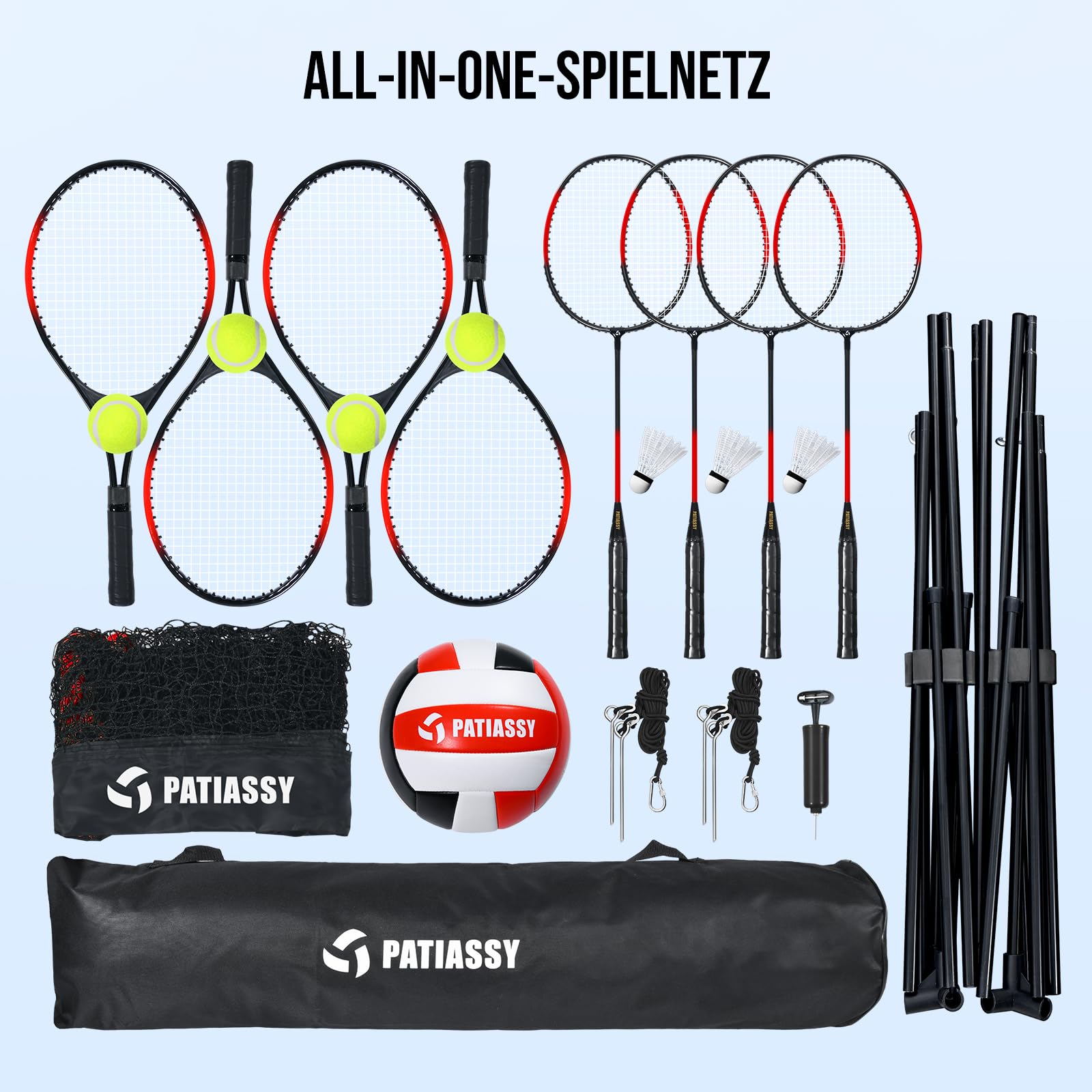 Red de bádminton de 5,2 m, red de tenis, red de voleibol para jardín, barras de altura ajustable, juego de red portátil 4 en 1 con voleibol, bádminton y tenis, raqueta de voleibol, pelota de