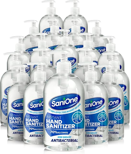 SaniOne 20 x 500ml Instant Hand Sanitiser Gel with Pump. Multipack. Kills 99.9% of Bacteria, 70% Alcohol Based Hand Gel, Medical/Pharma Grade Antibacterial Hand Gel Sanitizer Non Greasy/Slimy