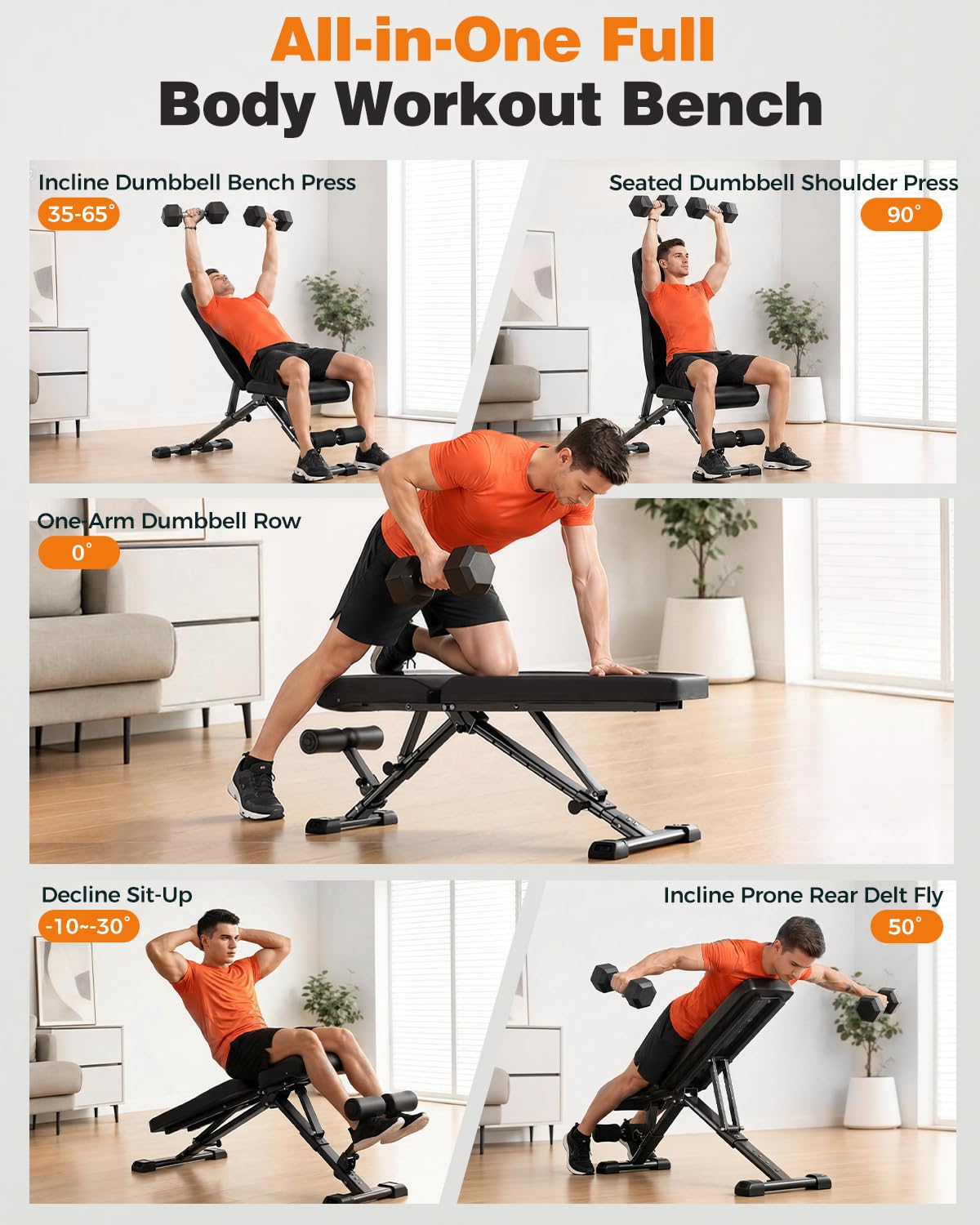Foldable Workout Bench, 90° to -30° FID Weight Bench for Home Gym | Backrest, Seat, Leg Bar Adjustable, MAX 1000 LBS, 8-Pos Backrest, 3-Pos Seat, 4-Level Leg Support, 19.4" Extended Base Stable
