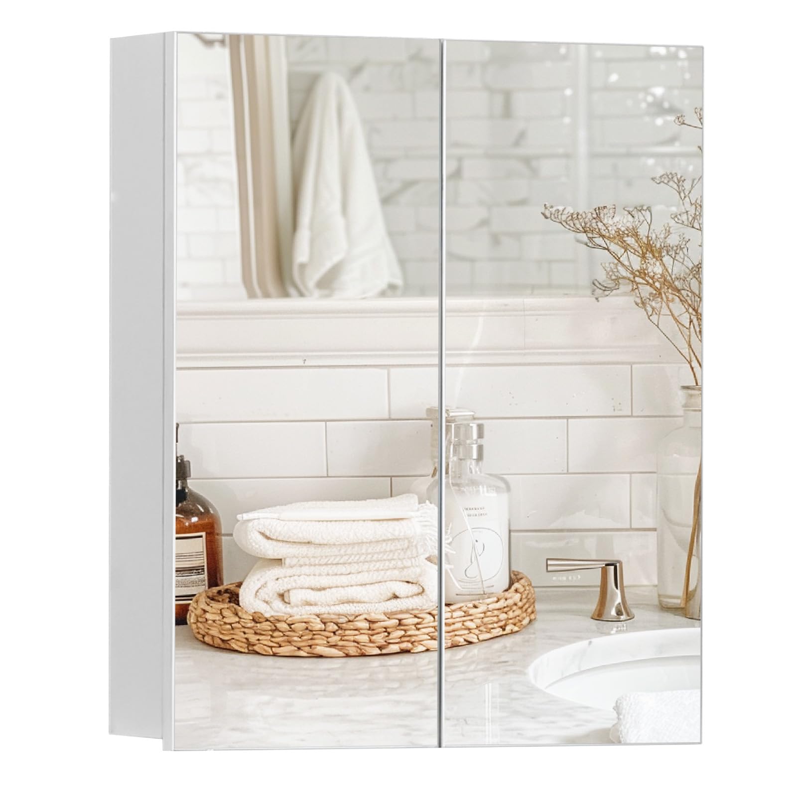 LEMROE Bathroom 2 Doors Mirror Cabinet, Wall Mounted Storage Cupboard with Adjustable Shelf, Wooden Storage Unit with Mirror, Modern White