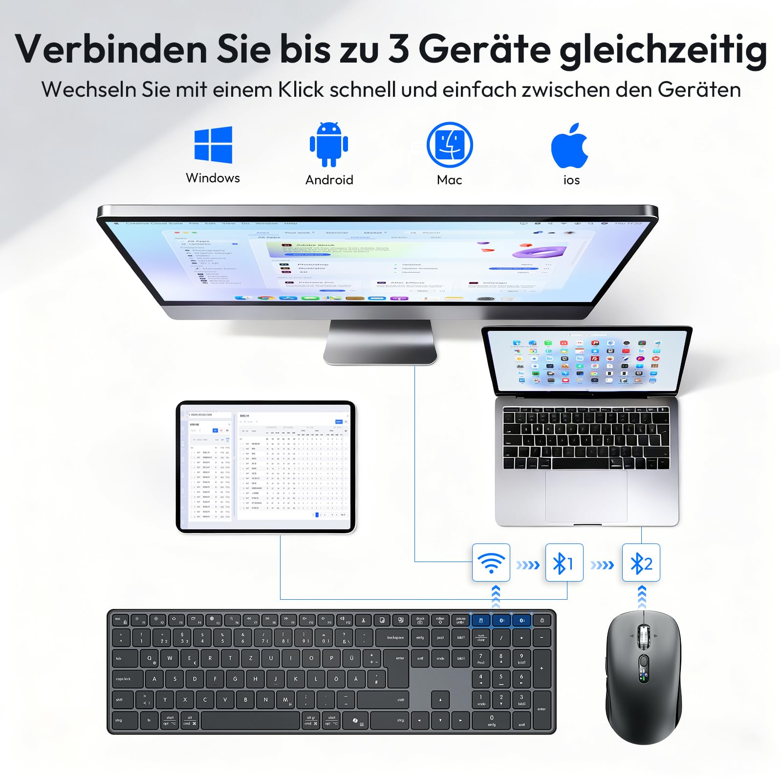 kabellose Bluetooth Tastatur- und Maus Kombination, Ultradünne und leise, mit 2,4-GHz-Funk und dualer Bluetooth-Verbindung, kompatibel mit Mehreren Geräten, in voller Größe, für Windows/PC/Laptops