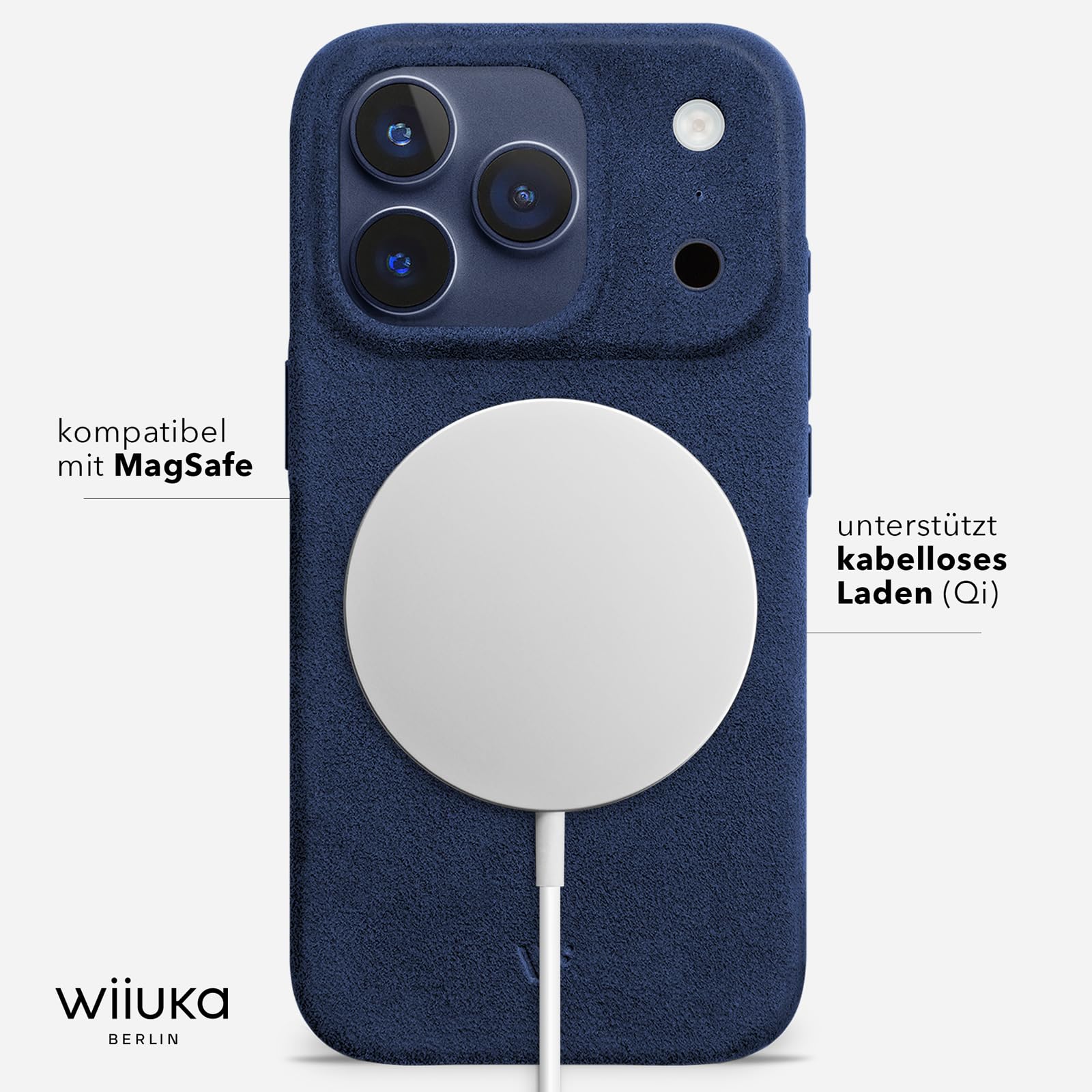WIIUKA Etui do iPhone 17 Pro Max, oryginalne Alcantara®, ręcznie wykonane, bardzo cienkie, premium etui na telefon komórkowy, Case, Qi, alternatywa dla skóry, skiin Alcantara, niebieskie