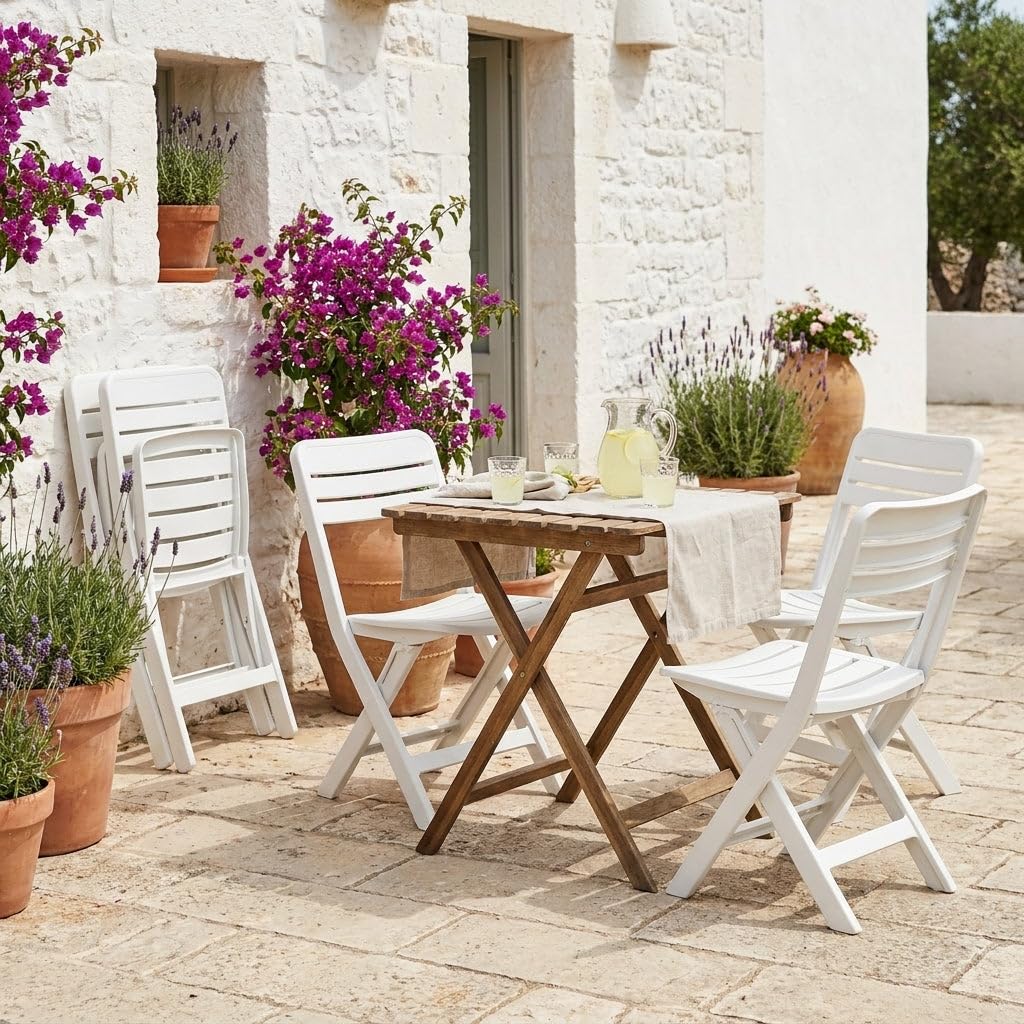 HEMAX Set 4 Sedie Pieghevoli Plastica Bianca Giardino Salvaspazio Gardenia | Sedute Richiudibili da Esterno Terrazzo Balcone Mobili per Eventi Catering Leggere e Resistenti Facili da Pulire Comode Casa