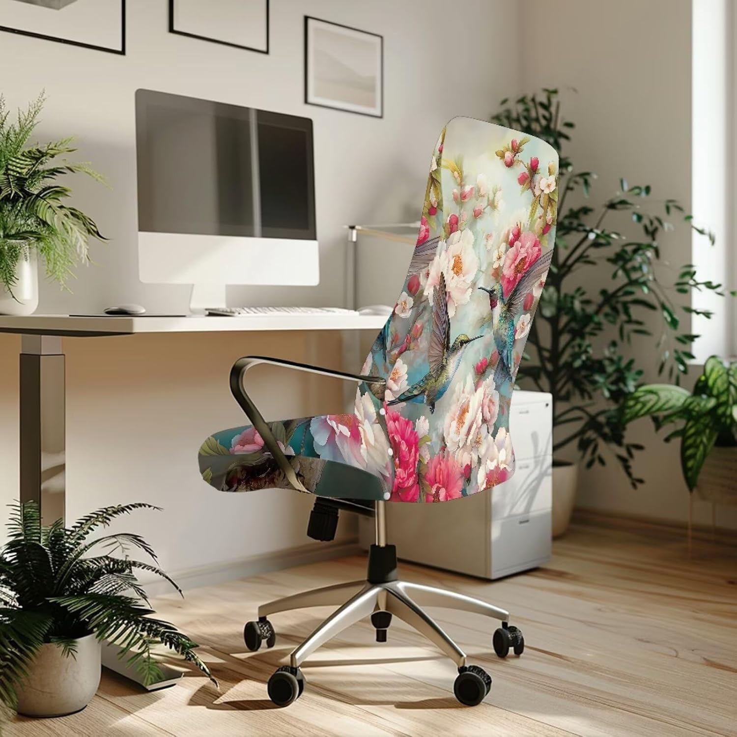 Talayituse Vintage Hummingbird Flower Print Office Computer Chair Covers, Stretchable Rotating Chair Cover Removable Washable Rotating Chair Protective Slipcover, Small