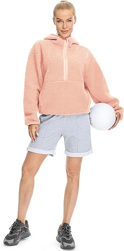 Miniatura 6 de icyzone Chaqueta de forro polar Sherpa con capucha y media cremallera para mujer, sudadera cálida y mullida de gran tamaño con bolsillos