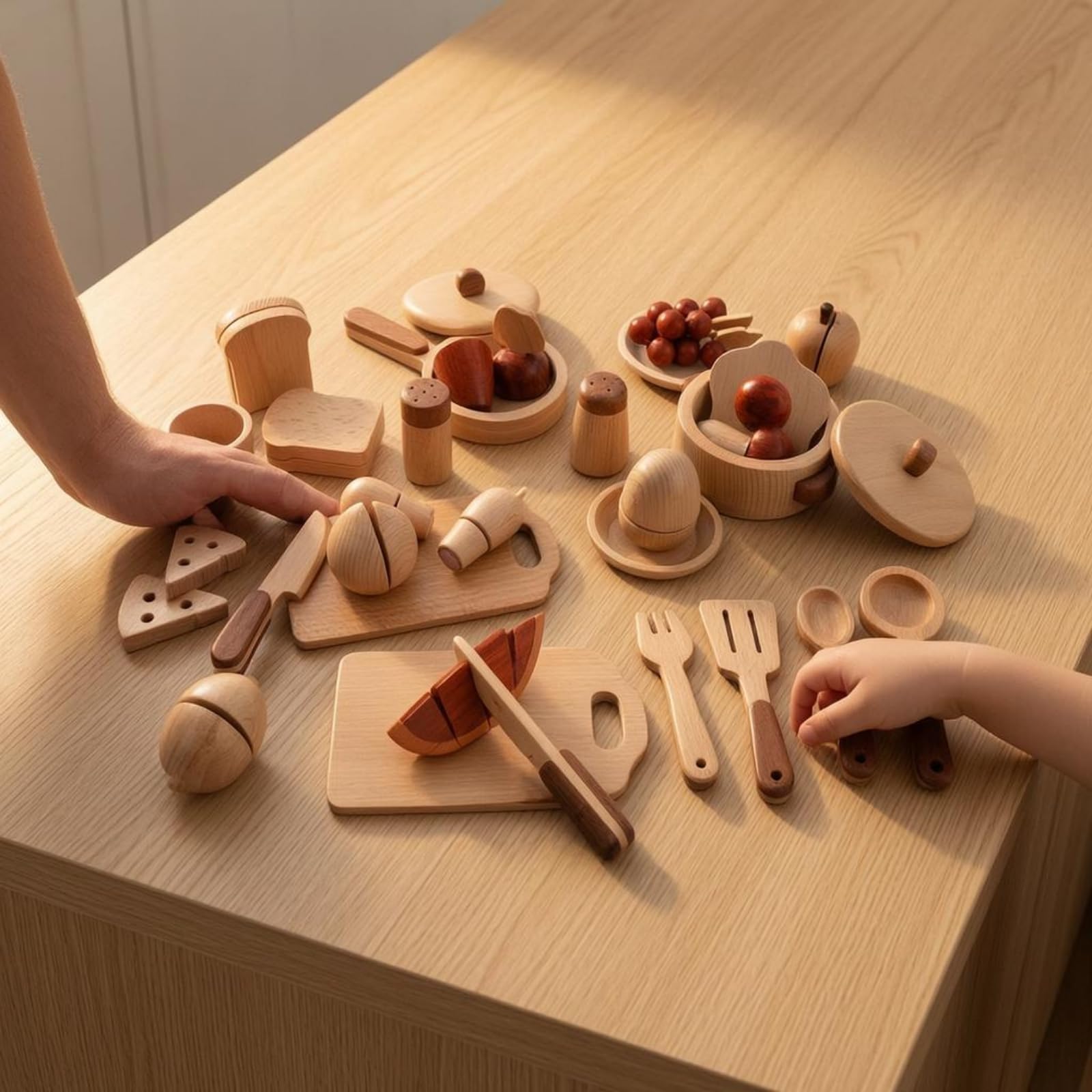 15 Pieces Giocattolo da Cucina in Legno Naturale Forme Arrotondate Set da Cucina in Legno Durevole Set Piatti Giocattolo