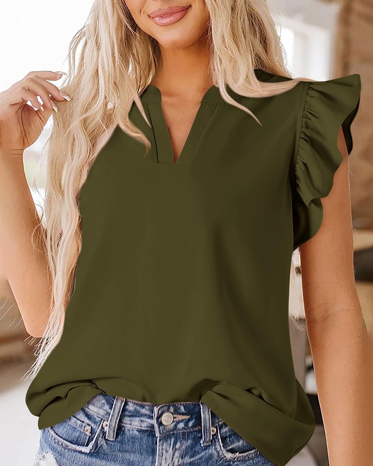 Zenlonr Womens Summer Tops 2025 Casual V Neck Ruffle Cap Sleeve Blouse Shirts Solid Color Tunic Tops