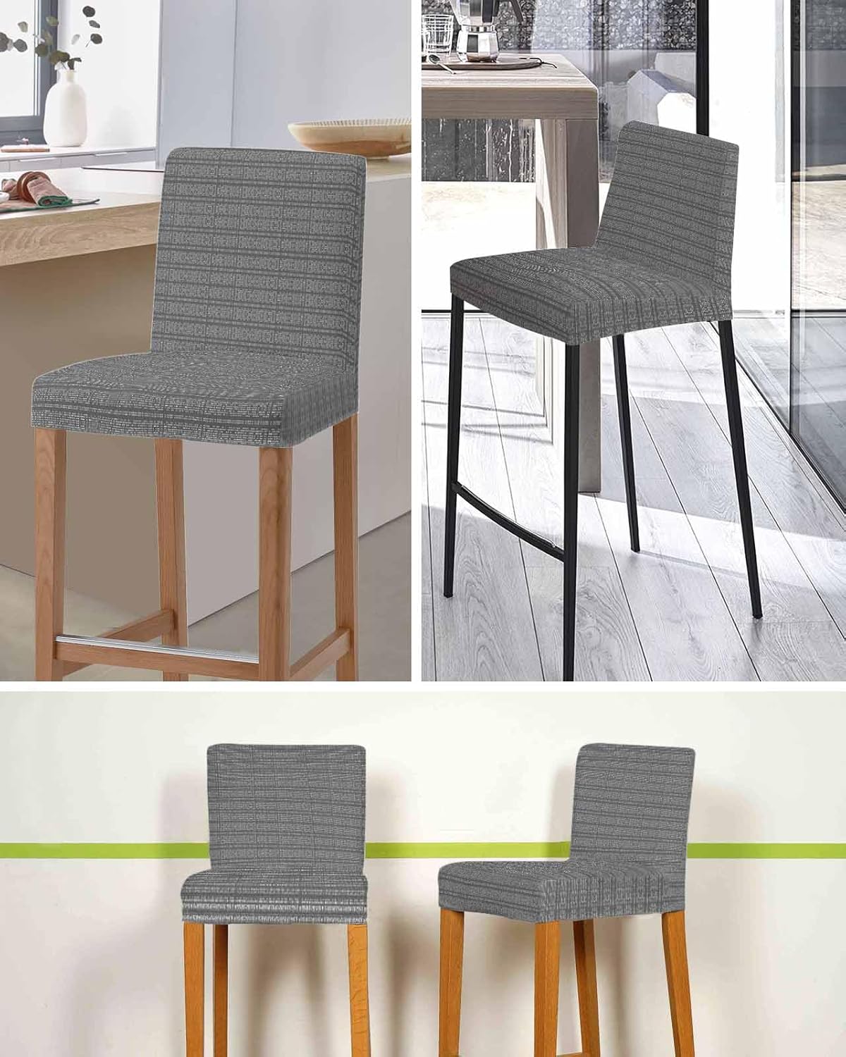 Bar Stool Covers Grey Stripes Grain Bar Chair Cover Set of 4 Stretch Elastic Chair Covers Solid Color Counter Height Chair Slipcovers Protectors for Kitchen Dining Room Pub Cafe