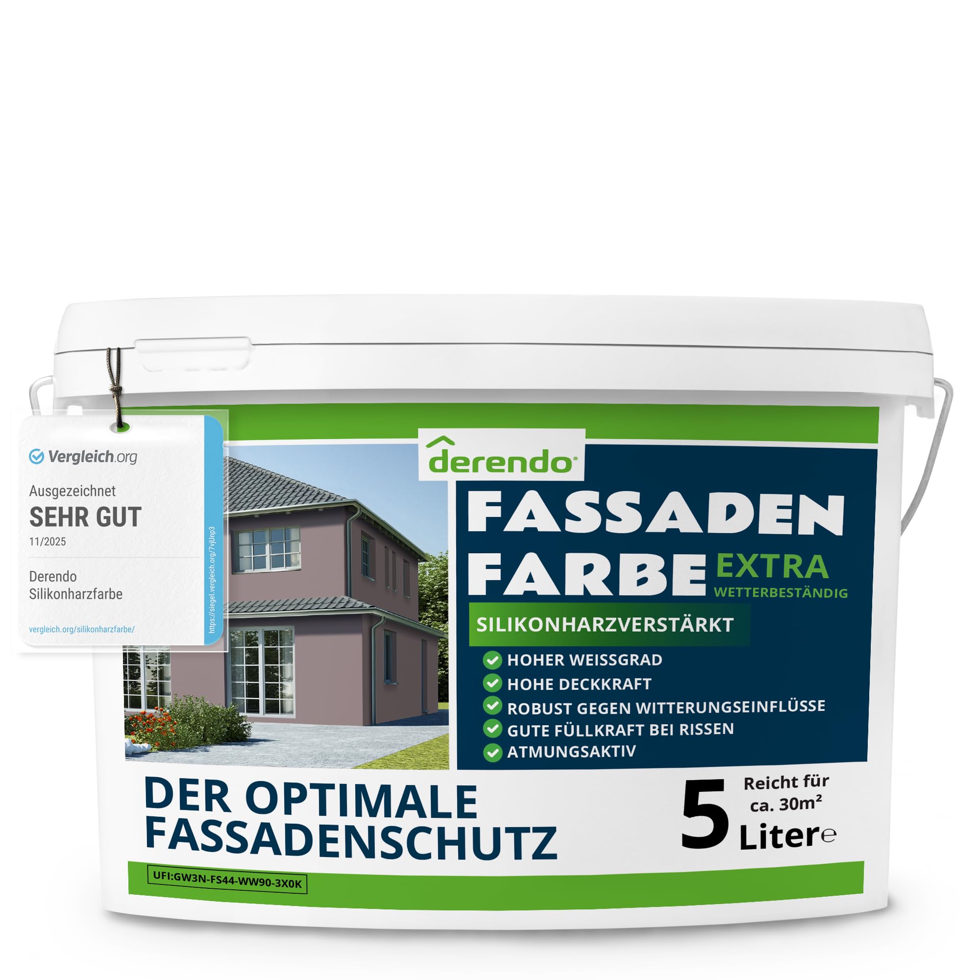 derendo Fassadenfarbe Braun EXTRA silikonharzverstärkt aussen Felsbraun 5l | Für Putz Beton, Abperleffekt, wasserabweisend, UV-beständig, hohe Deckkraft, rissfüllend, diffusionsoffen, Made in Germany