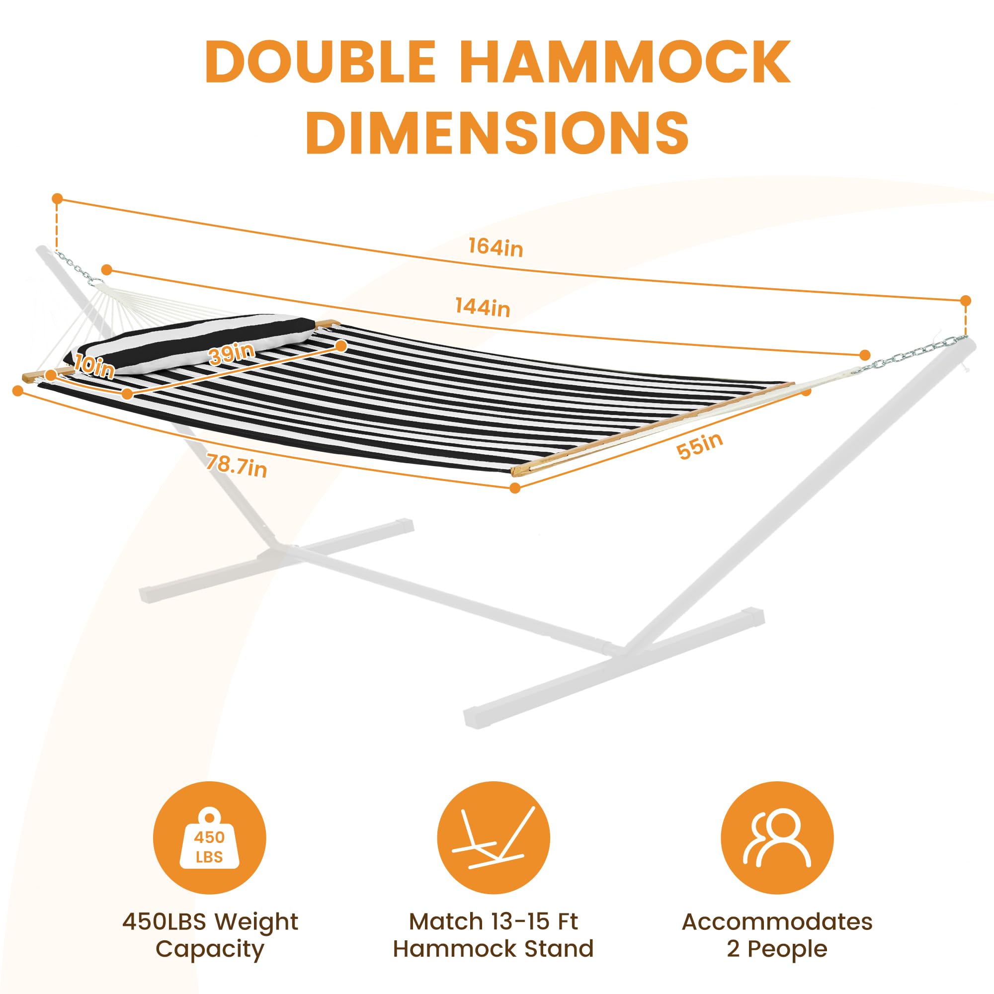 Lazy Daze Hammocks Amaca doppia in tessuto trapuntato da 3,7 m con barra di spalmatura in legno duro, cuscino staccabile e moschettoni per esterni, amaca per 2 persone per esterni, capacità 204 kg