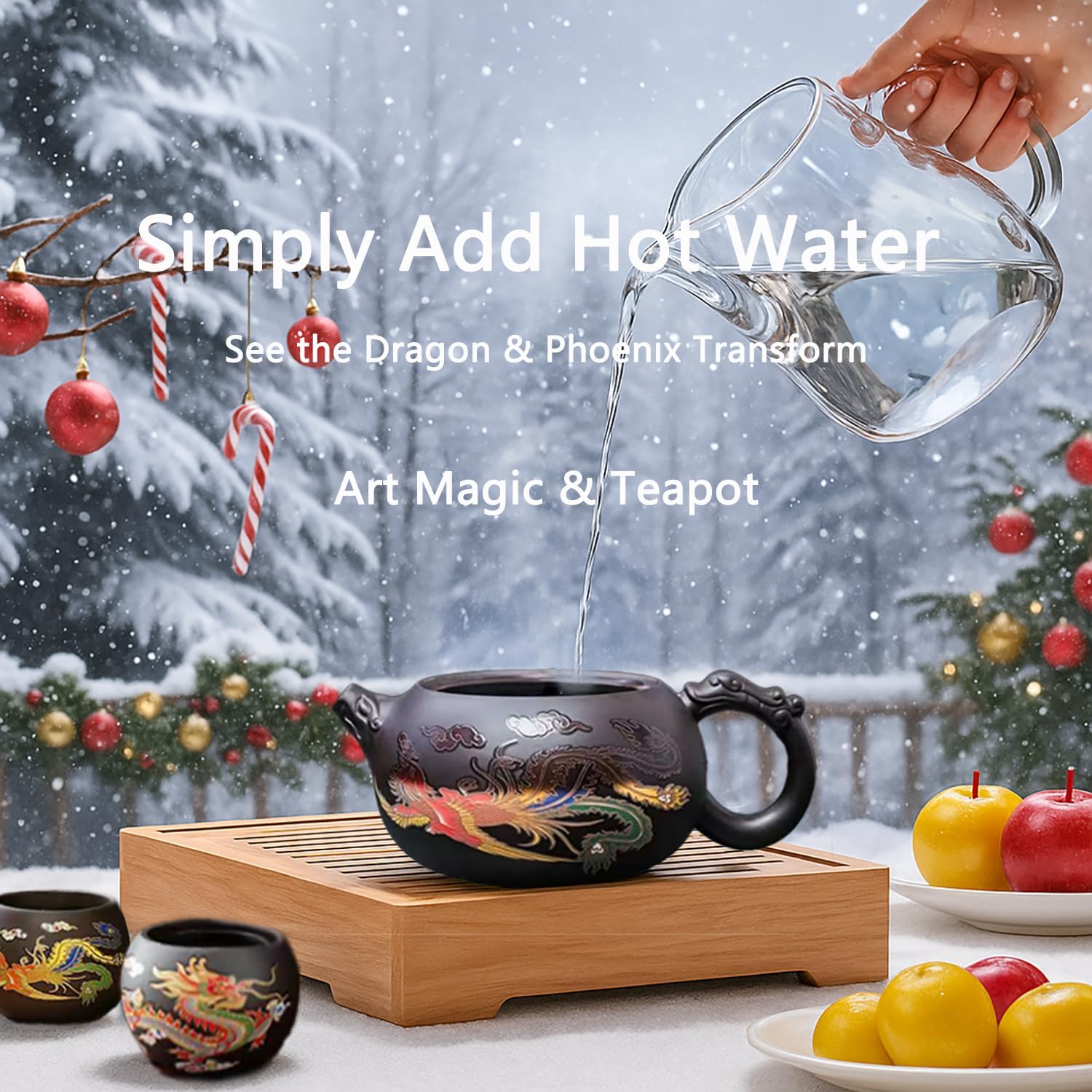 Hand-made Dragon and Phoenix Color-changing Purple Clay Magic Teapot -18oz Large Zisha Tea Pot Chinese Gong Fu Tea Set Tea Lover‘s Gift (Teapot+2Cups)