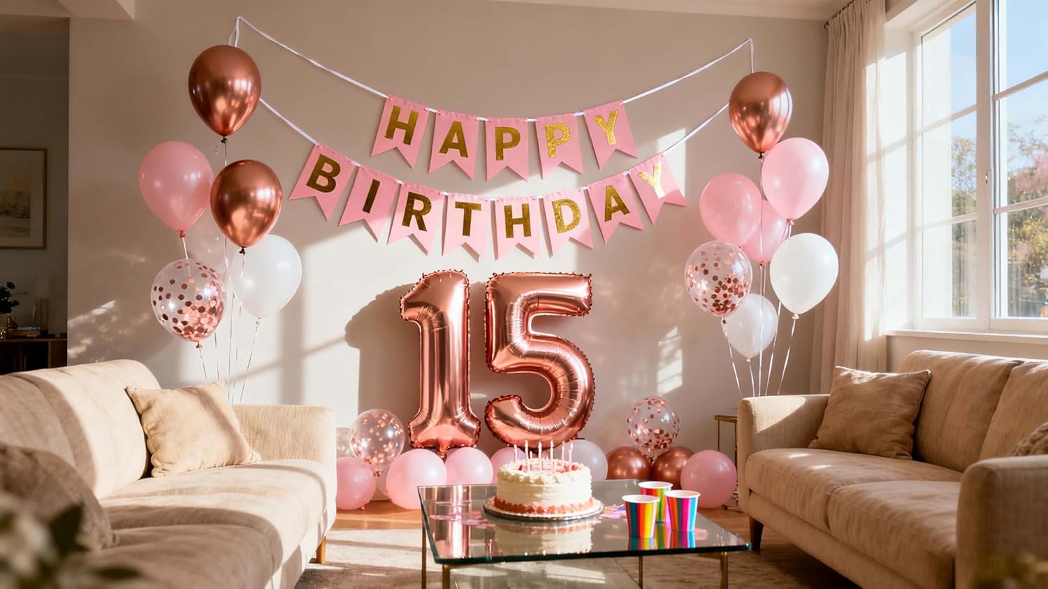 15th Birthday Party Balloons Decorations Rose Gold for Girls, 15th Birthday Banner Number 15 Birthday Foil Balloons Confetti Balloons for Girls Her Daughter 15 Year Old Birthday Supplies(15th) - Image 2