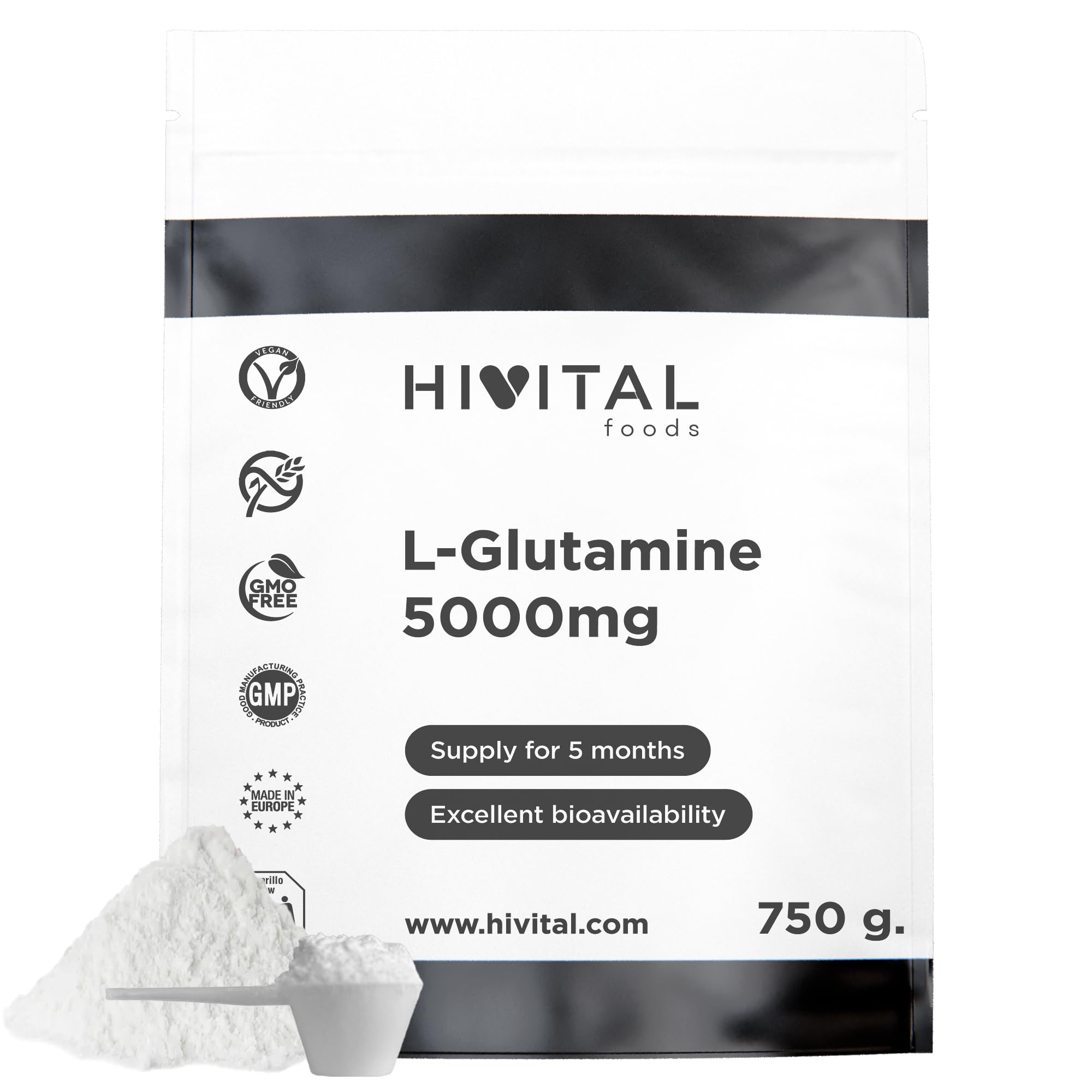 L-Glutamine 5000 mg pour 5 mois de traitement. 750 grammes d'Acide Aminé Glutamine, 100% Végétalien, en Poudre et Sans Saveur. Fabriqué en Europe par HIVITAL