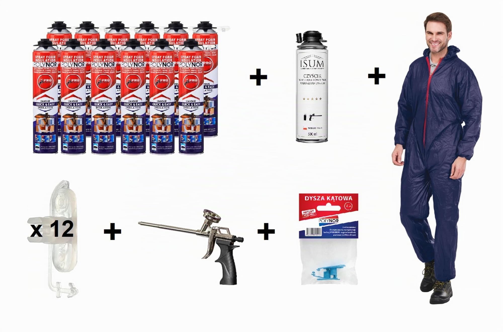 POLYNOR Isolation thermique PUR en bombe PRO - Kit complet 29 pièces - 12 mousses - Pistolet à mousse - Isolation thermique par projection - Isolation des murs, toitures, plafonds - Aérosol 750 ml