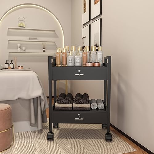 Miniatura 3 de Carrito de gabinete de belleza para salón, carrito rodante de almacenamiento de 2 niveles, organizador de cajones con ruedas, herramientas con