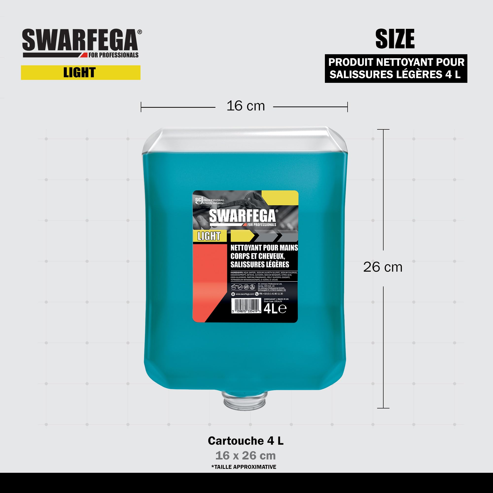 Swarfega Light – Nettoyant Mains, Corps et Cheveux – Recharge 4 L – Formule Hydratante – Usage Professionnel
