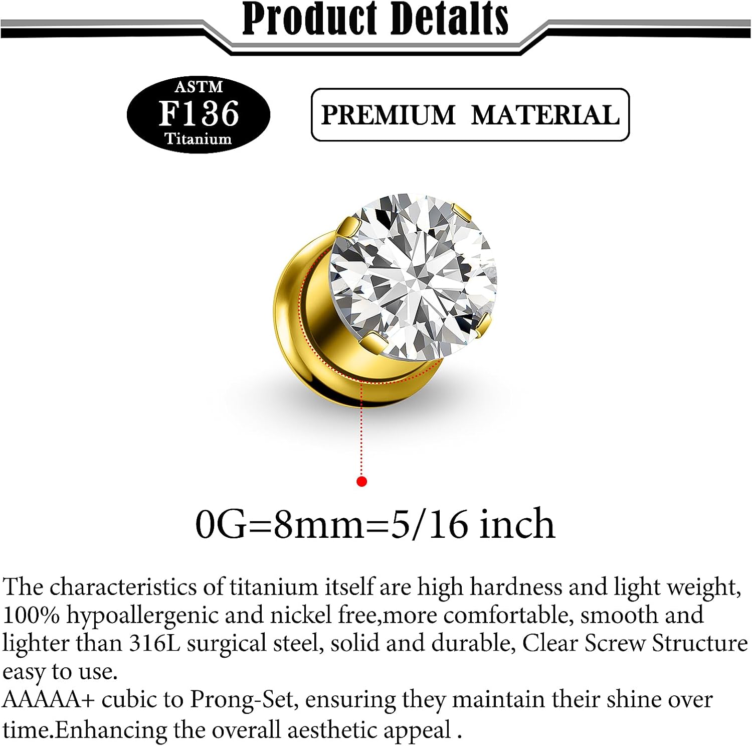 10G-00G Astm F136 Titanium Gauges Tunnels for Ear Screw Fit Back Round CZ Ear Gauges Tunnels Plug Earrings Expander Stretcher Piercing Jewelry for Women Men Silver Gold 1 Pairs